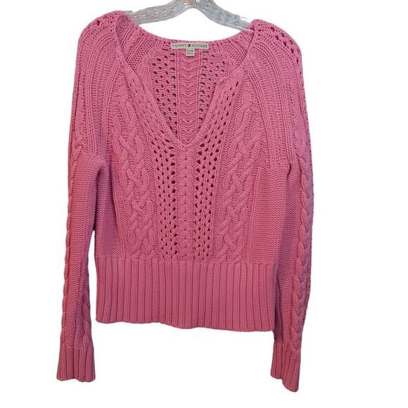 Gently Used Tommy Hilfiger Pink Crocheted Cropped Long Sleeve Sweater Size XL - Picture 1 of 7
